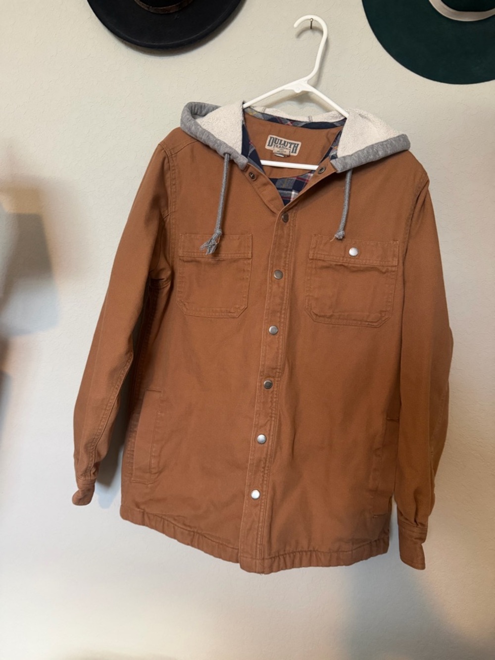 Duluth Trading Co Brown Hooded Field Jacket with Grey Hood